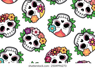 Colorful skull vector illustrations with flowers for Dia de los Muertos, stickers, web icons, festive decorations. Vibrant, cartoonish style with bright and lively colors