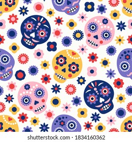 Colorful skull vector seamless pattern. Day of the dead elements with flowers and skull. Dia de los muertos holiday background.