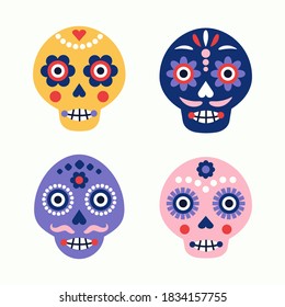 Colorful skull vector set. Day of the dead elements. Dia de los muertos holiday decoration.