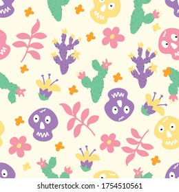 Colorful skulls and cacti on a light background. Simple pattern for family holiday Halloween textiles, fabric, packaging paper, Wallpaper, background.