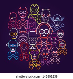 Colorful Skulls and Crossbones - vector illustration on dark blue background.