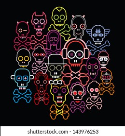 Colorful Skulls and Crossbones - vector illustration on black background.
