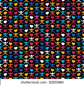 Colorful skulls and hearts on black background - seamless pattern