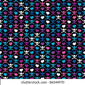 Colorful skulls and hearts on black background - seamless pattern