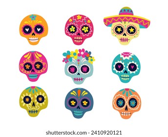 Colorful skulls, Mexican sugar skulls for Day of the dead, dia de los muertos. Religious art motif isolated vector set.