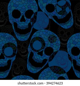 Colorful skulls on black background - seamless pattern. Vector skull collection.