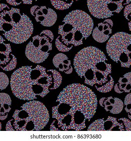 Colorful skulls on black background - seamless pattern