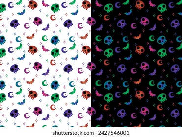  Colorful skulls, pattern, with moon and bat, for woven backgrounds, gothic pattern