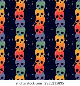 Colorful skulls seamless pattern. Vector illustration with vertical stripes in cartoon style