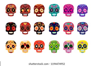 Colorful skulls set day of the dead vector illustration. Mexican Dia de los Muertos. 