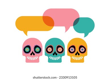 Colorful skulls with speech bubbles, Mexican sugar skulls for modern style Day of the dead, dia de los muertos. Vector illustration