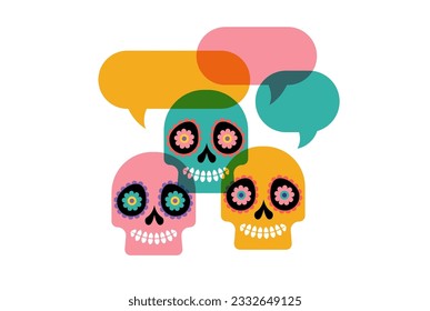 Calaveras coloridas con burbujas de habla, calaveras de azúcar mexicanas al estilo moderno Día de los muertos, dia de los muertos. Ilustración del vector