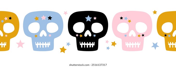 Colorful skulls with stars isolated on a white background. Seamless border for Halloween.