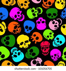 Colorful Skulls vector seamless pattern in black background