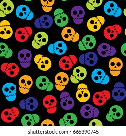 Colorful Skulls vector seamless pattern in black background