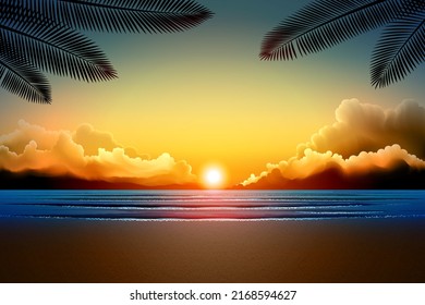 colorful sky and cloud with a sunrise background on the beach and a silhouette of a coconut leaf