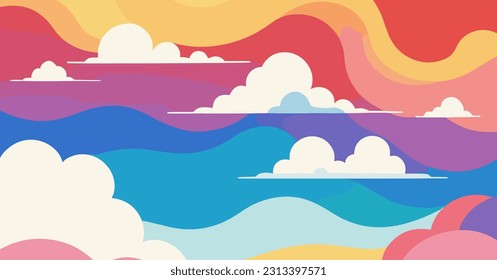 Un cielo colorido con nubes y un arco iris. nubla la ilustración vectorial plana. Cielo multicolor