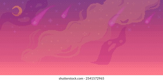 Cielo colorido que muestra estrellas, cometas y nubes en un fondo degradado en transición de púrpura a rosa. Ideal para temas de fantasía, arte digital, fondos, conceptos de ciencia ficción, paisajes de ensueño. Abstractas