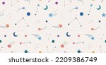 Colorful sky pattern, with stars and planets, pastel wallpaper, repeating background