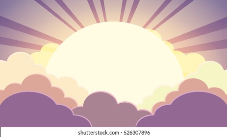 Colorful sky in twilight time background with clouds and sun with rays