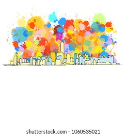 Colorful Skyline of New York City with large ammount of splashes. Vector Drawing.