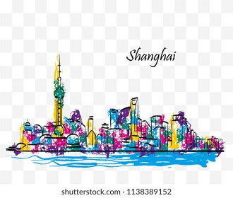 Colorful skyline of Shanghai, China, in ink and colored paint on a transparent background.