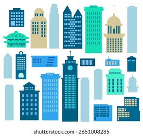 Arranha-céus coloridos e prédios de escritórios criam uma paisagem urbana vibrante, mostrando a arquitetura urbana moderna e a atmosfera movimentada de um distrito empresarial no centro da cidade
