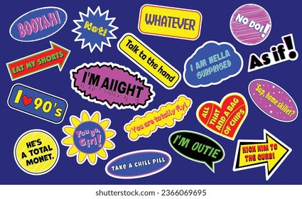 Colorful slang stickers in 90s style
