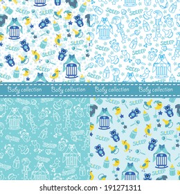 Colorful Sleep newborn items collection in seamless pattern set for Baby boy.For fabrics,Wallpaper,packaging,background.Vector cartoon illustration