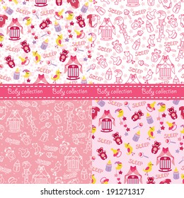 Colorful Sleep newborn items collection in seamless pattern set for Baby girl.For fabrics,Wallpaper,packaging,background.Vector cartoon illustration