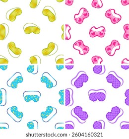 Colorful sleeping masks with different patterns creating a seamless background for relaxation and sweet dreams