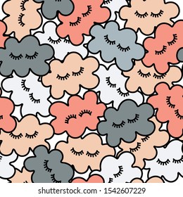Colorful, sleepy clouds overlapping, on white background. Vector seamless pattern.