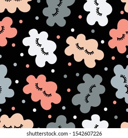 Colorful, sleepy clouds texture, on black background. Vector seamless pattern.