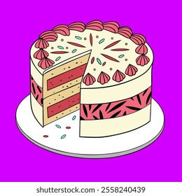 Colorful Slice of Layered Cake on Vibrant Purple Background