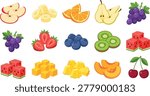 Colorful sliced fruit collection with apple banana orange pear berries kiwi watermelon and cherries for healthy food design projects