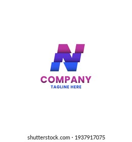 Colorful sliced letter N monogram initial logo with shadow in white background