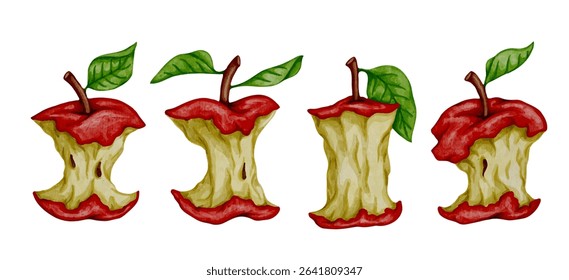 Colorful slices of juicy red apple tree, cores of fruits with leaves.Vector graphics.