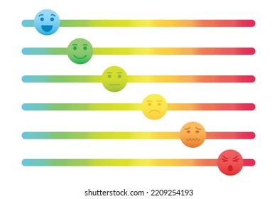 Colorful slider bars with emotional faces icons. Different feedback types from good to bad. Hurt meter levels from mild to worst pain possible. Vector cartoon illustration isolated on white background