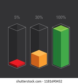 Colorful slim histogram glass bars 5% 30% 100% number text. Flat design interface illustration inforchart infographic elements for app ui ux web banner button vector isolated on black background