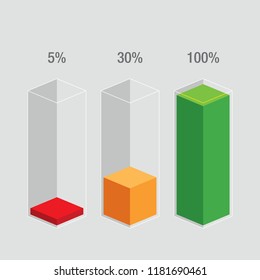 Colorful slim histogram glass bars 5% 30% 100% number text. Flat design interface illustration inforchart infographic elements for app ui ux web banner button vector isolated on white background