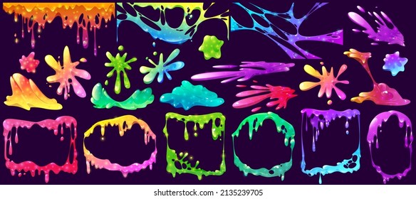 Colorful slime frames, splashes, spots and elements isolated vector set. Liquid toxic ooze borders with blobs and dripping. Bright vibrant sticky goo, jelly or syrup fluid splats, Cartoon illustration