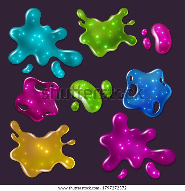 Colorful slime\
set. Glossy goo dirty green mucus, pink paint drip, bright blue\
toxic shiny liquid, spot of poison dribble silhouette vector\
collection isolated on dark\
background