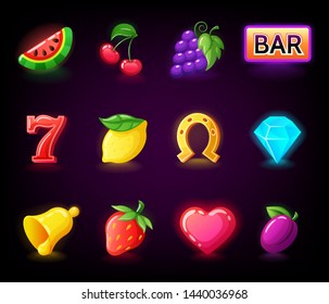 Colorful slots icon set for casino slot machine, gambling games isolated, mobile puzzle game design, vector illustration