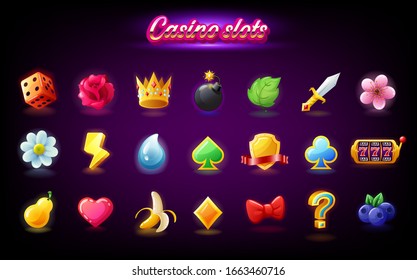 Colorful slots icon set for casino slot machine, gambling games isolated, mobile puzzle game design, vector illustration
