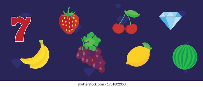 Colorful slots icon set for casino slot machine, gambling games isolated icons, mobile puzzle game design, vector illustration of grape, strawberry, cherry, lemon, watermelon and etc.