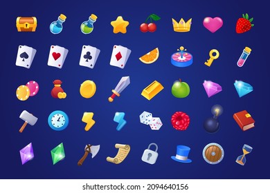 Colorful slots items for game menu isolated set. Fruits, cards, dice, diamond, roulette, casino different symbols. Gambling elements kit of graphical user interface of mobile app. Vector illustration.