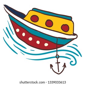 A colorful small boat is anchored in the water vector color drawing or illustration 
