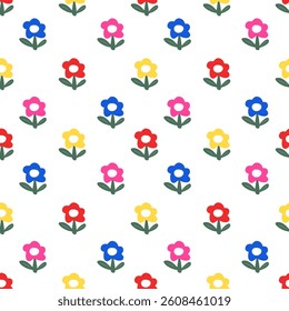 Colorful Small Flower Repeat Pattern, 
Cute Floral Print on White Background, 
Whimsical Ditsy Flower Textile Design, 
Simple Colorful Blossom Pattern Fabric, 
Playful Small Flower Wallpaper