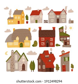 Colorful small houses collection with nature elements. Home sweet home set. Flat hand drawn vector illustration.