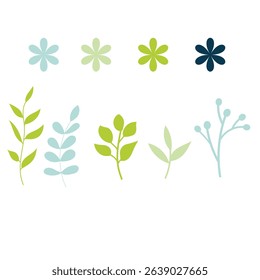Colorful Small leaves and wild flowers vector illustration on abstract white background.